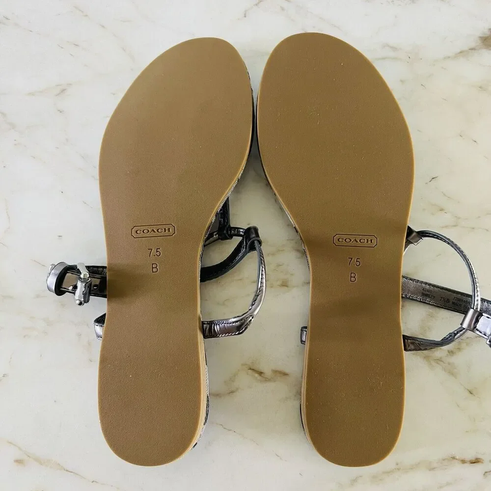 COACH Shirley Gray Black Canvas Logo Print Thong Sandal Silver Accent - US 7.5